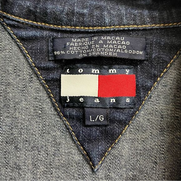 VTG Y2K Tommy Hilfiger Jeans Dark Wash Denim Button-front Belted Mini Dress SZ L - Picture 3 of 4